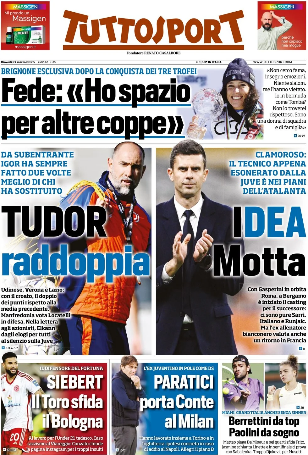 anteprima della prima pagina di tuttosport del 27/03/2025