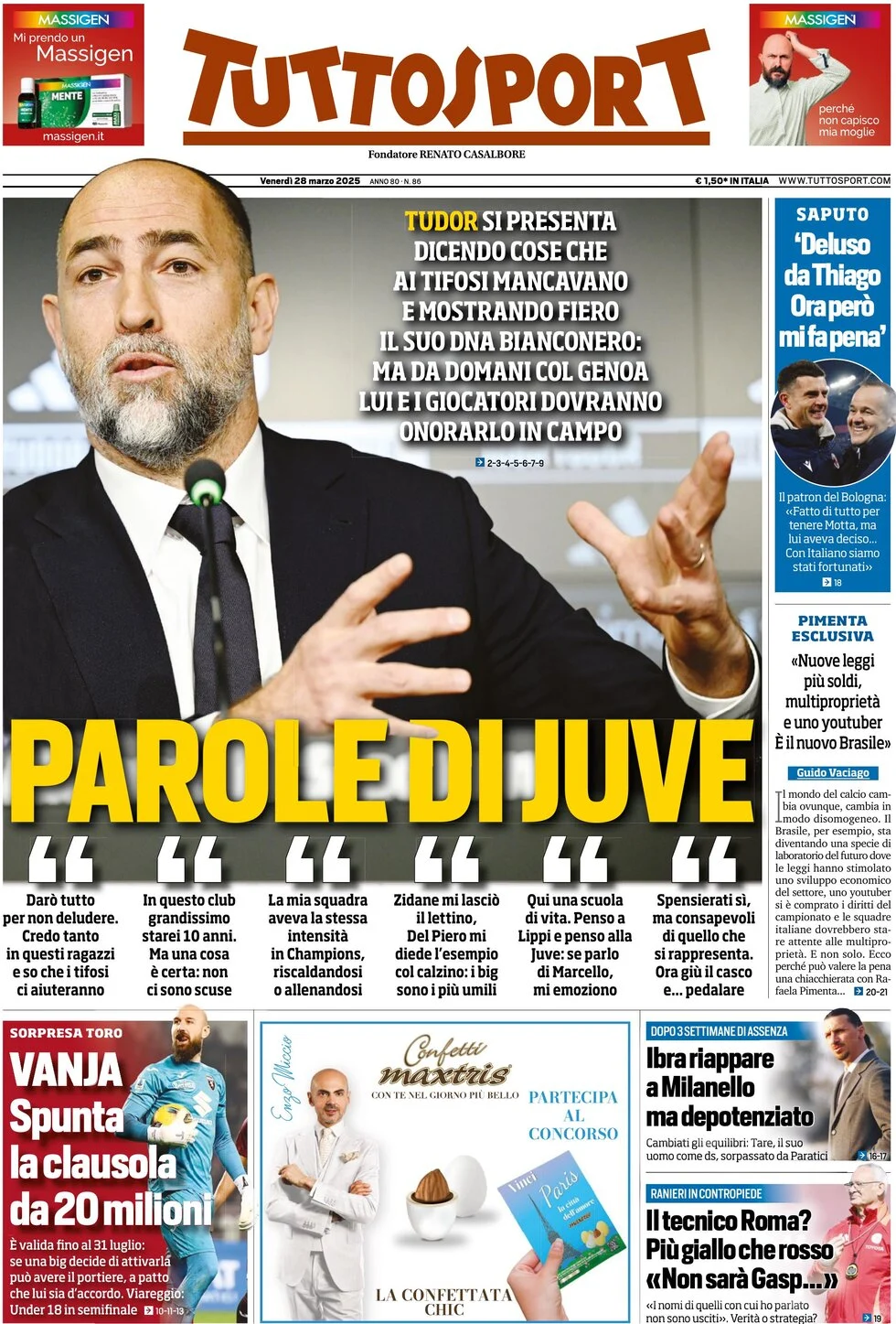anteprima della prima pagina di tuttosport del 28/03/2025
