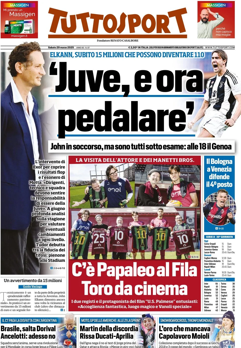 anteprima della prima pagina di tuttosport del 29/03/2025