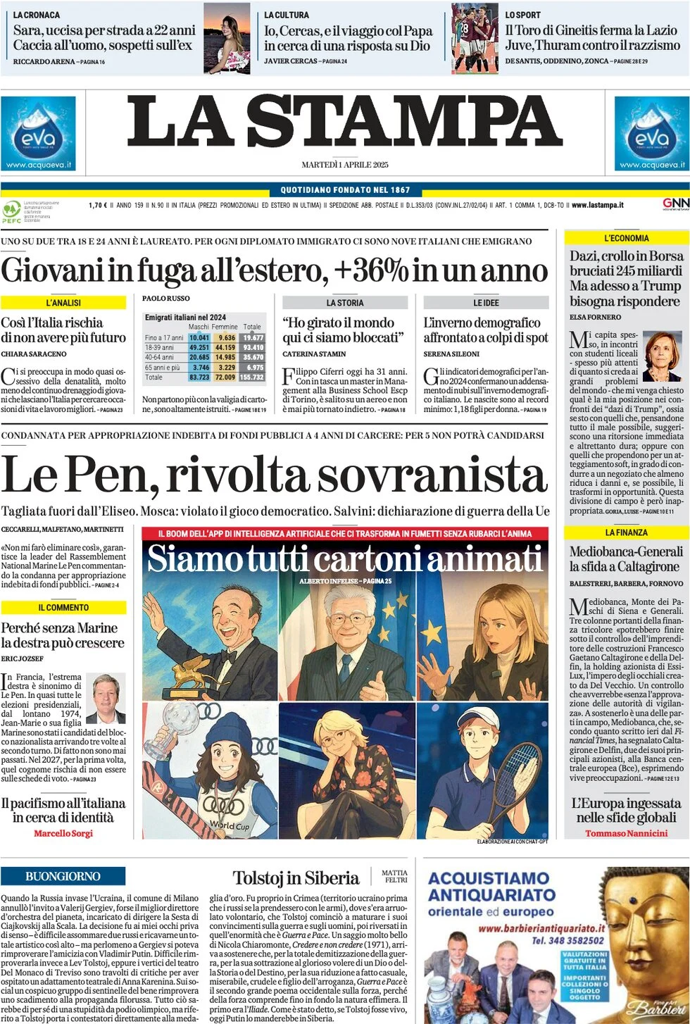 anteprima della prima pagina di la-stampa del 01/04/2025