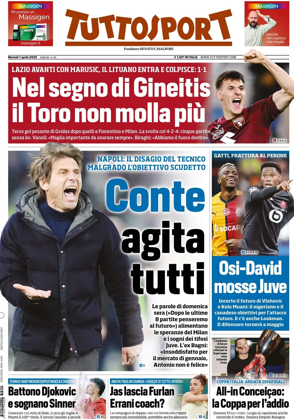 anteprima della prima pagina di tuttosport del 01/04/2025