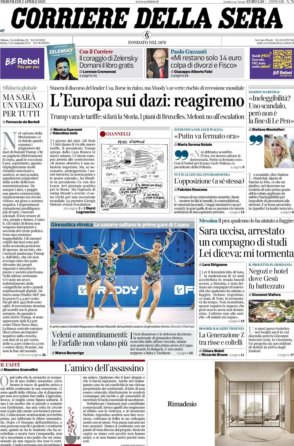 anteprima della prima pagina di corriere-della-sera del 02/04/2025