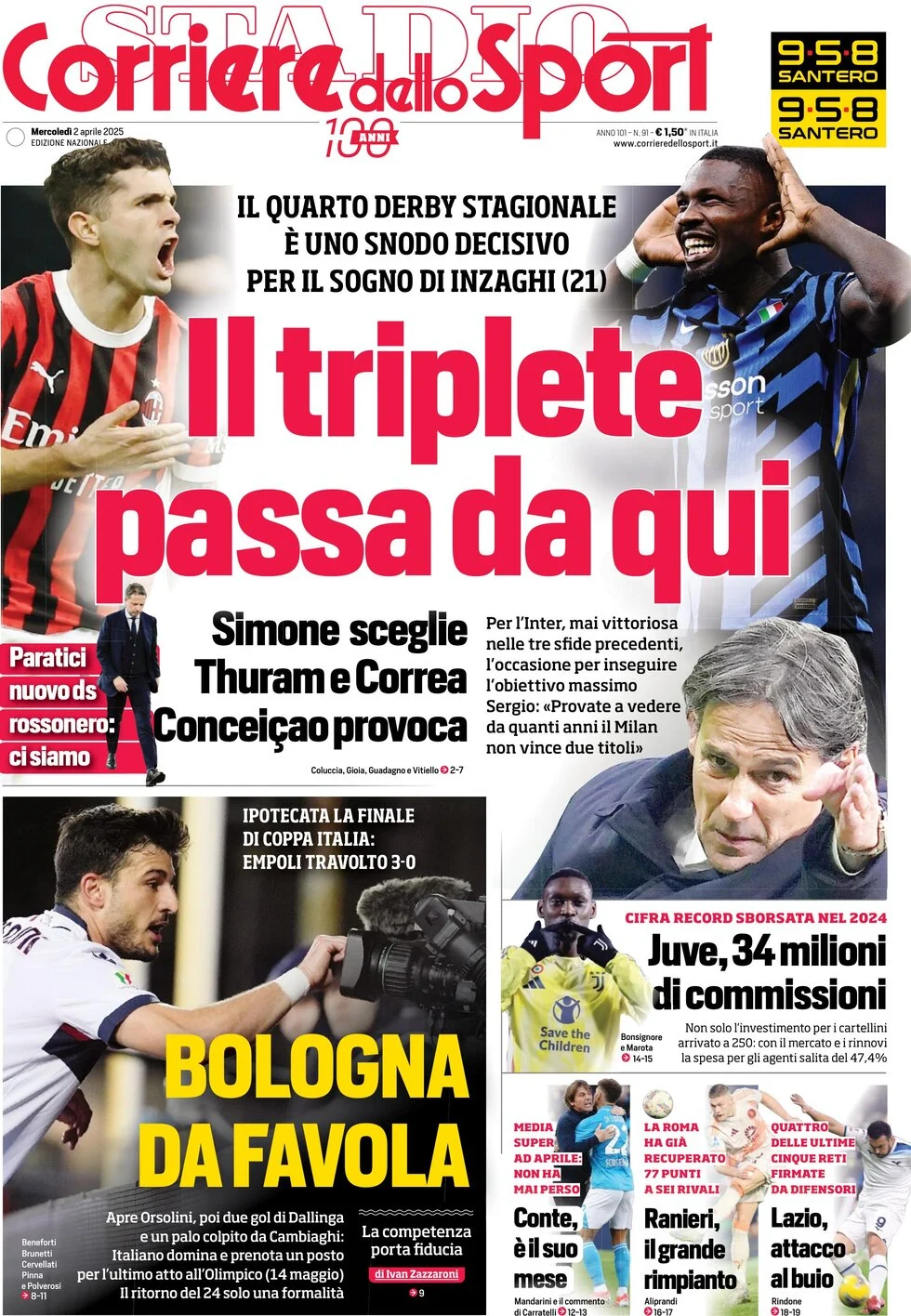 anteprima della prima pagina di corriere-dello-sport del 02/04/2025
