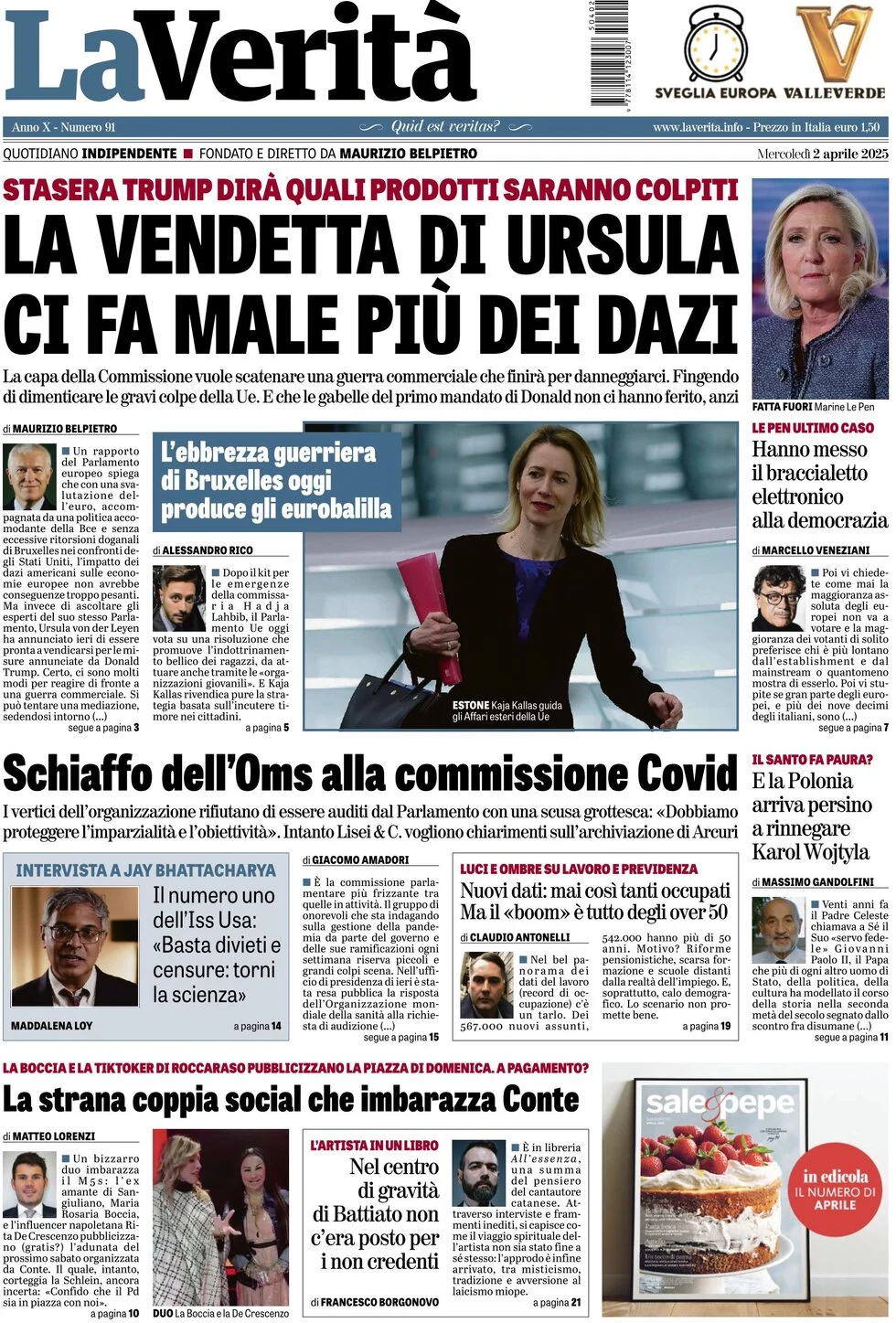 anteprima della prima pagina di la-verit del 02/04/2025