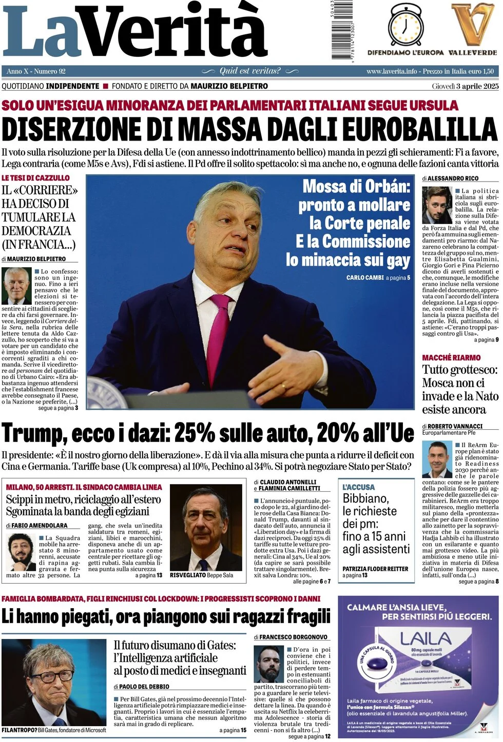 anteprima della prima pagina di la-verit del 03/04/2025
