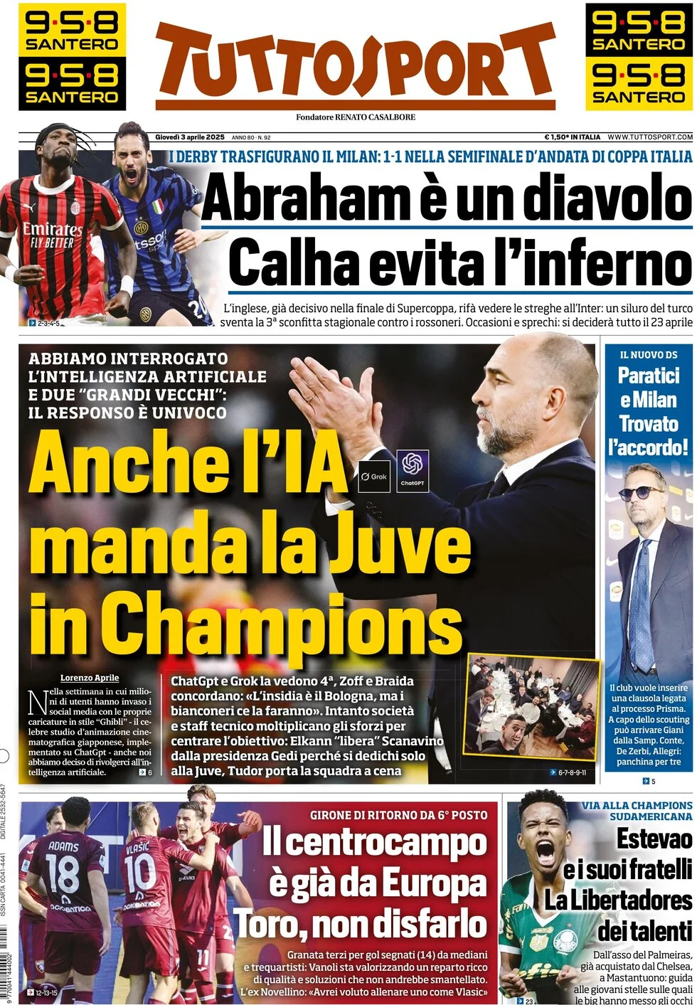 anteprima della prima pagina di tuttosport del 03/04/2025