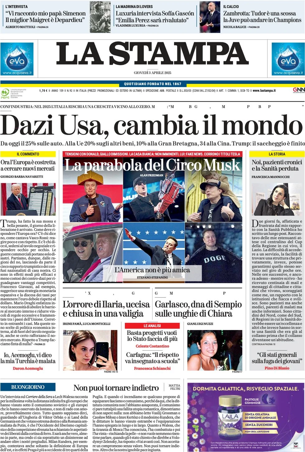 anteprima della prima pagina di la-stampa del 03/04/2025