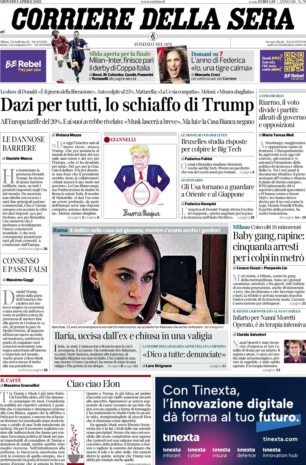 anteprima della prima pagina di corriere-della-sera del 03/04/2025