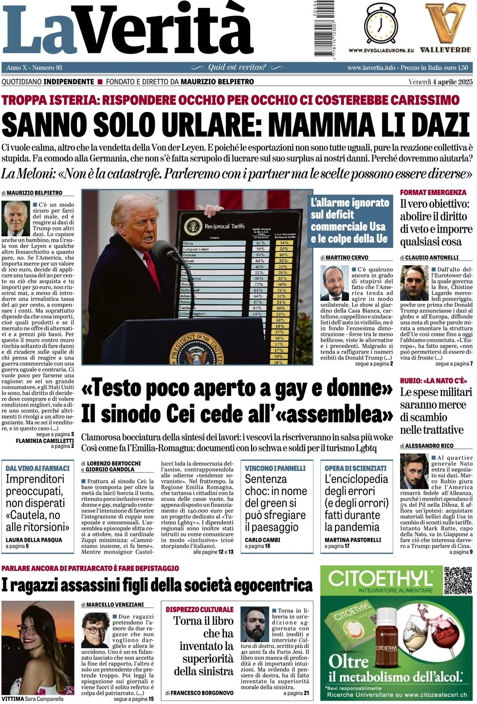 anteprima della prima pagina di la-verit del 04/04/2025