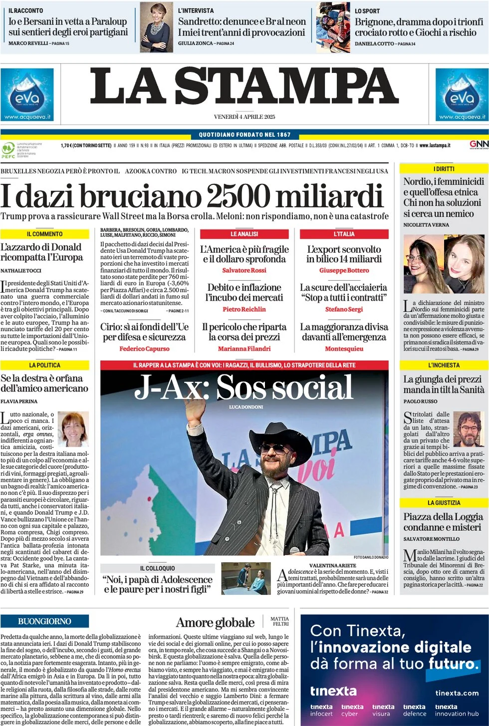 anteprima della prima pagina di la-stampa del 04/04/2025