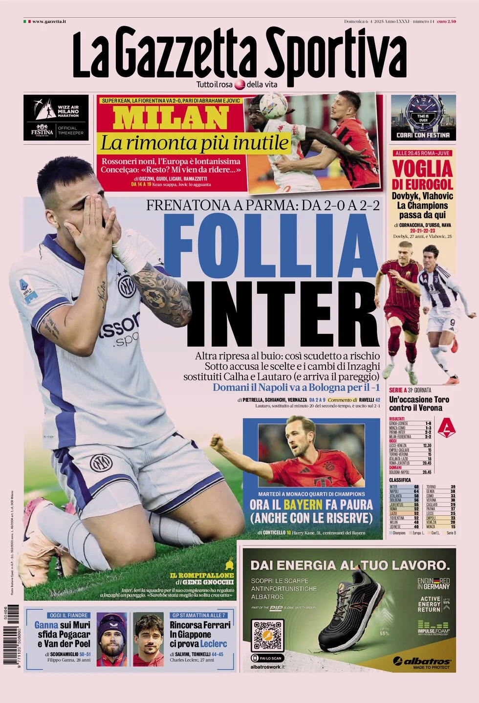 anteprima della prima pagina di la-gazzetta-dello-sport del 06/04/2025