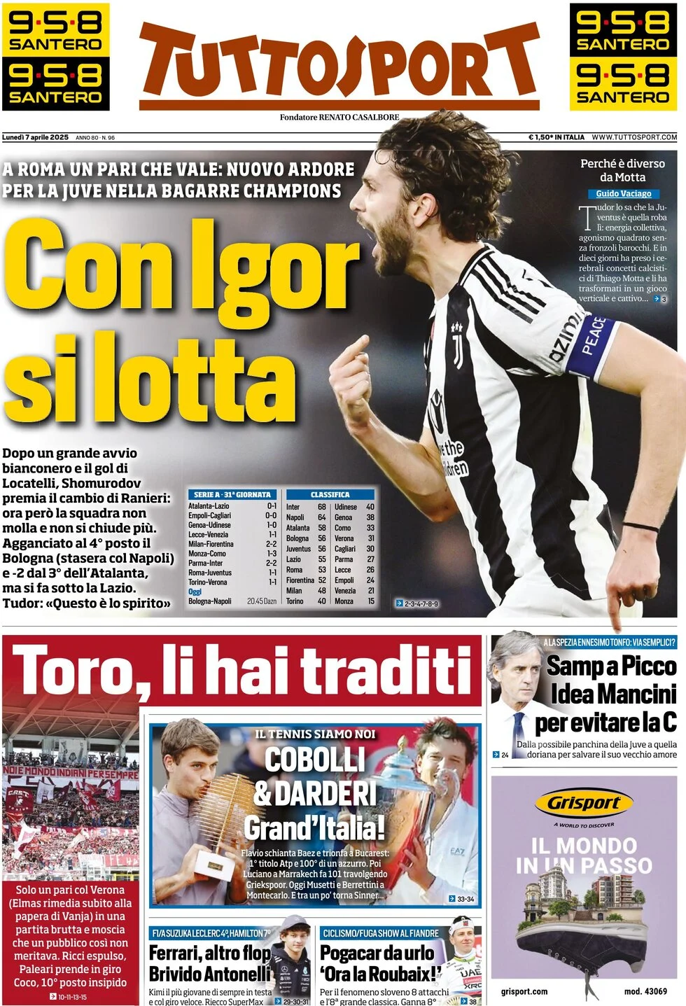 anteprima della prima pagina di tuttosport del 07/04/2025