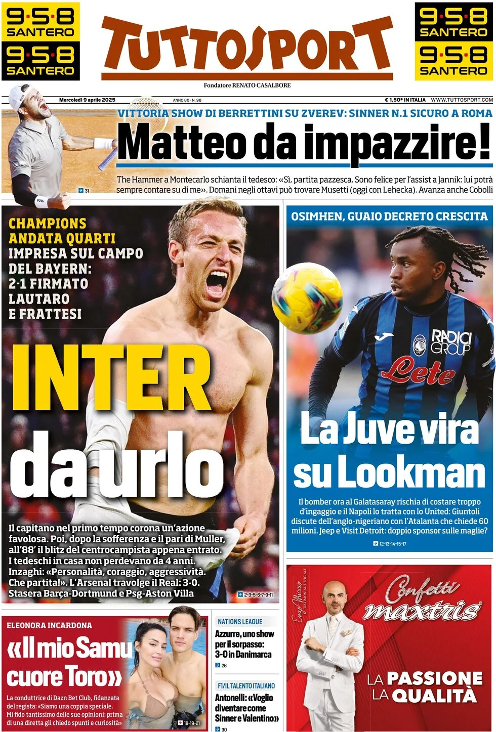 anteprima della prima pagina di tuttosport del 09/04/2025