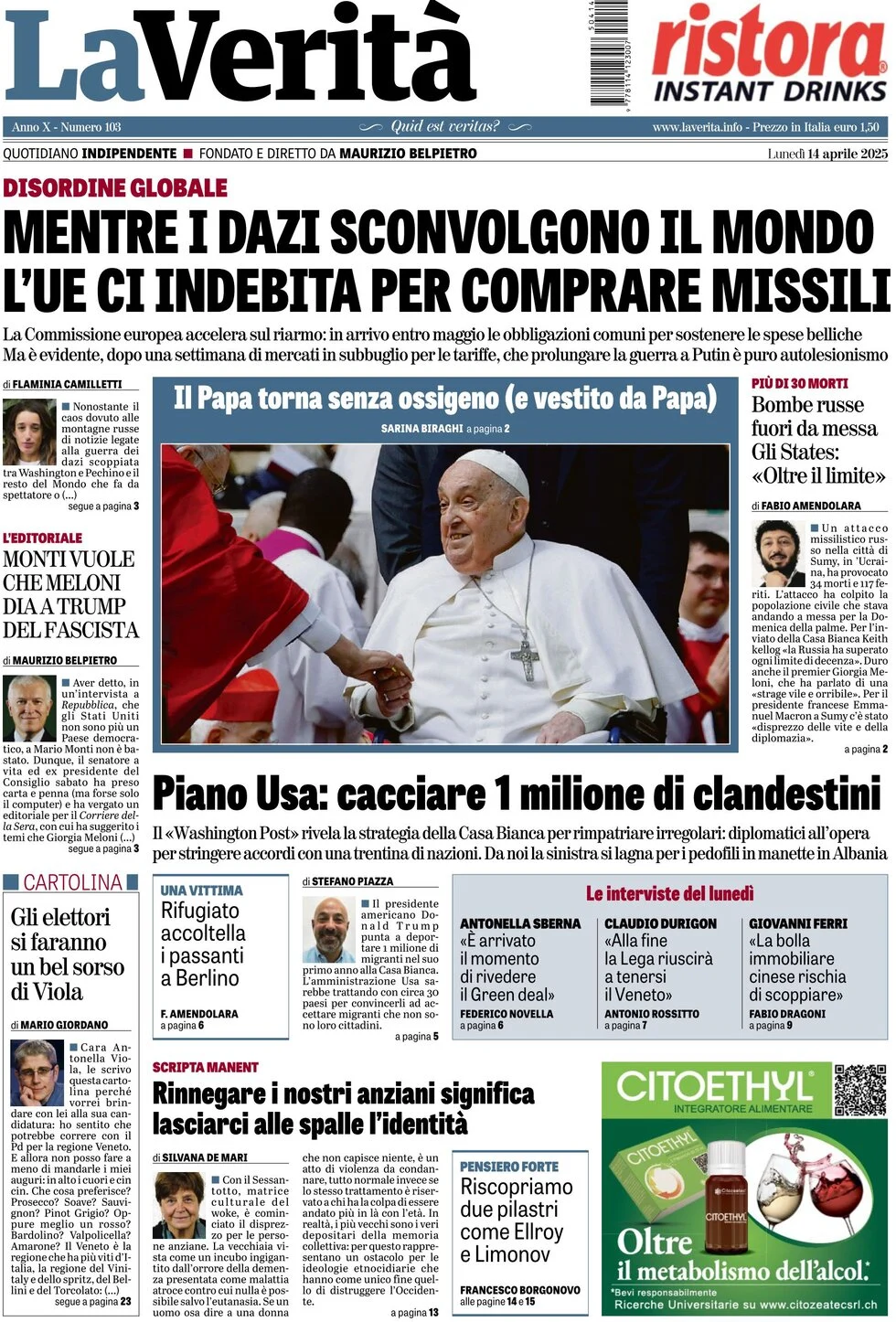 anteprima della prima pagina di la-verit del 14/04/2025