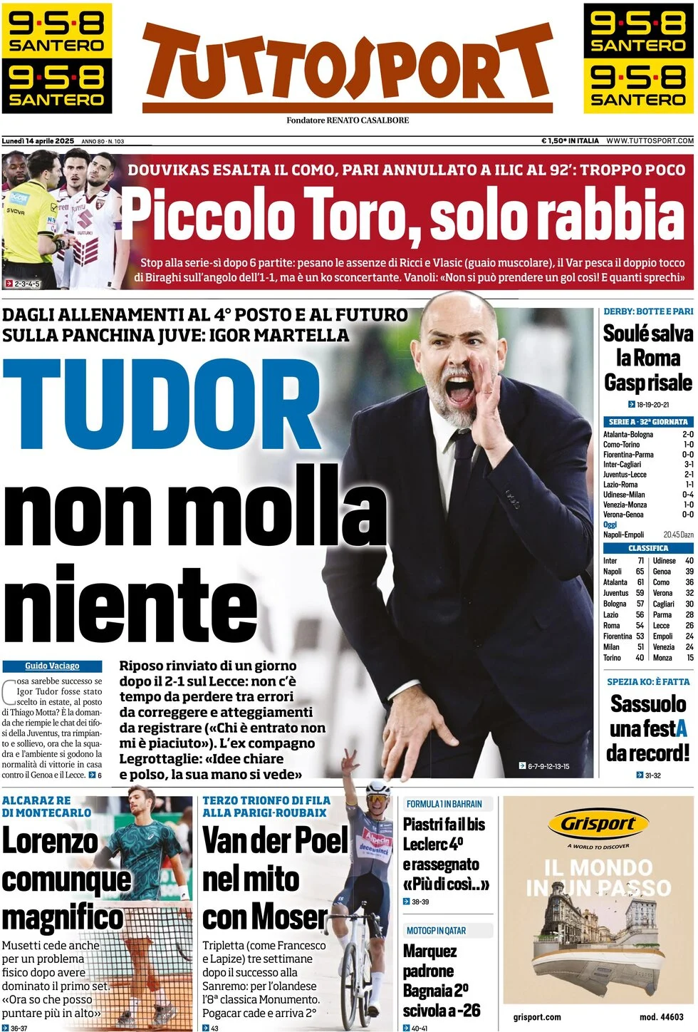 anteprima della prima pagina di tuttosport del 14/04/2025