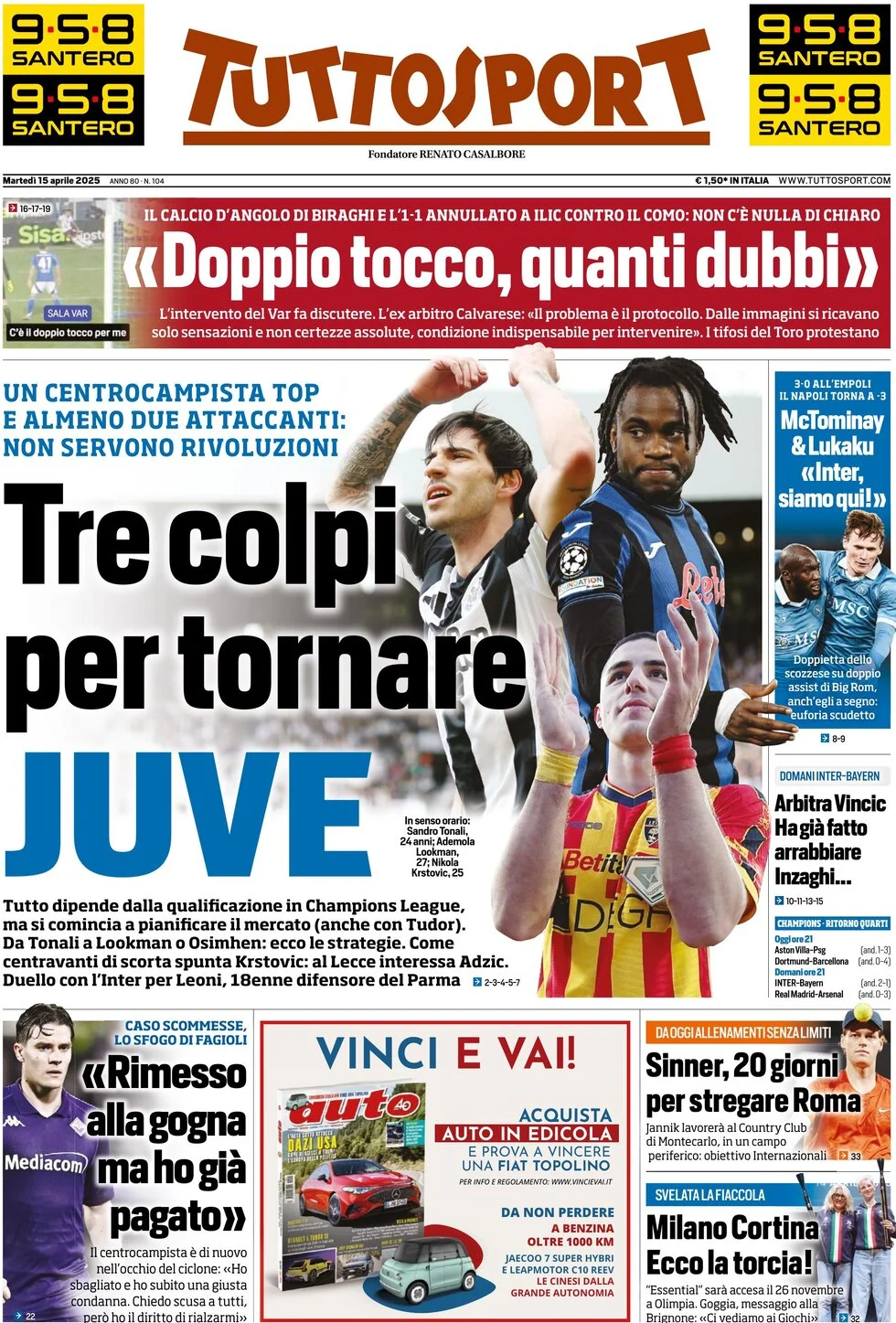 anteprima della prima pagina di tuttosport del 15/04/2025
