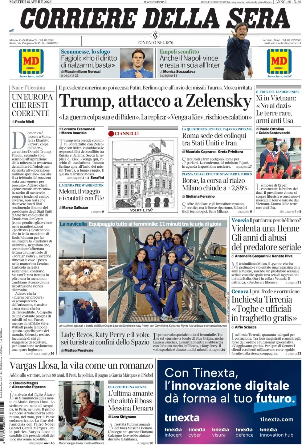 anteprima della prima pagina di corriere-della-sera del 15/04/2025
