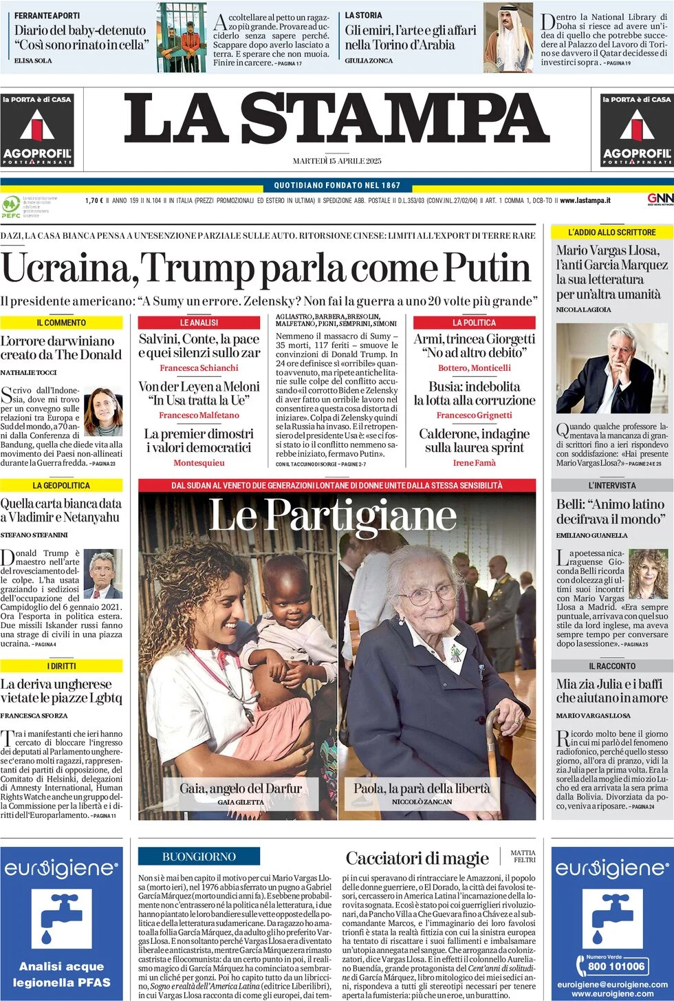 anteprima della prima pagina di la-stampa del 15/04/2025