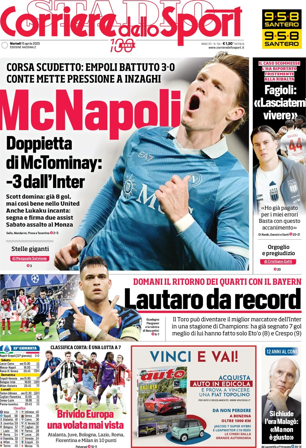 anteprima della prima pagina di corriere-dello-sport del 15/04/2025
