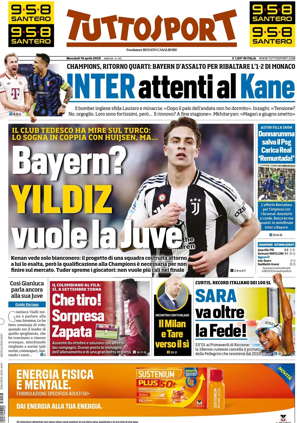 anteprima della prima pagina di tuttosport del 16/04/2025