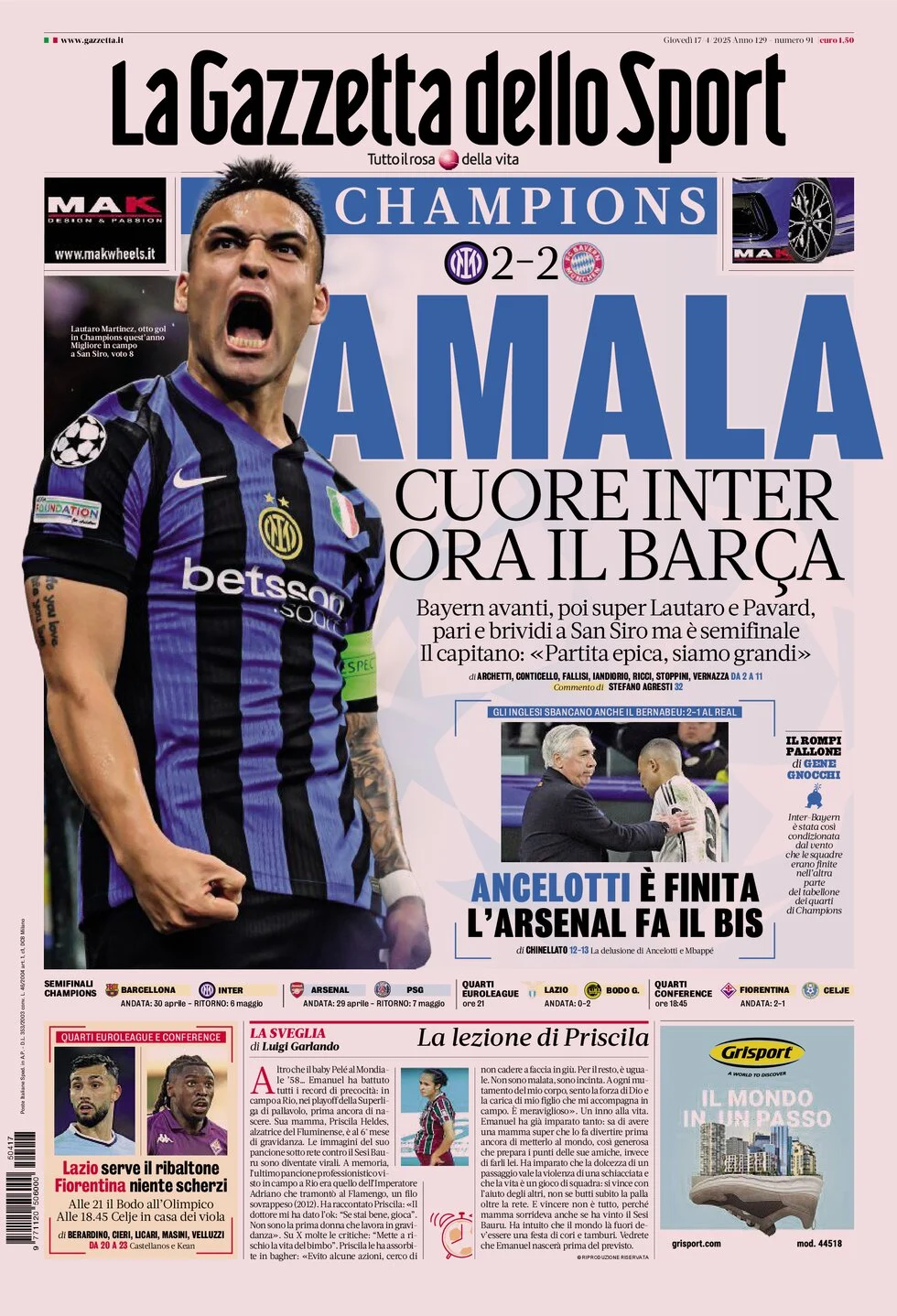 anteprima della prima pagina di la-gazzetta-dello-sport del 17/04/2025