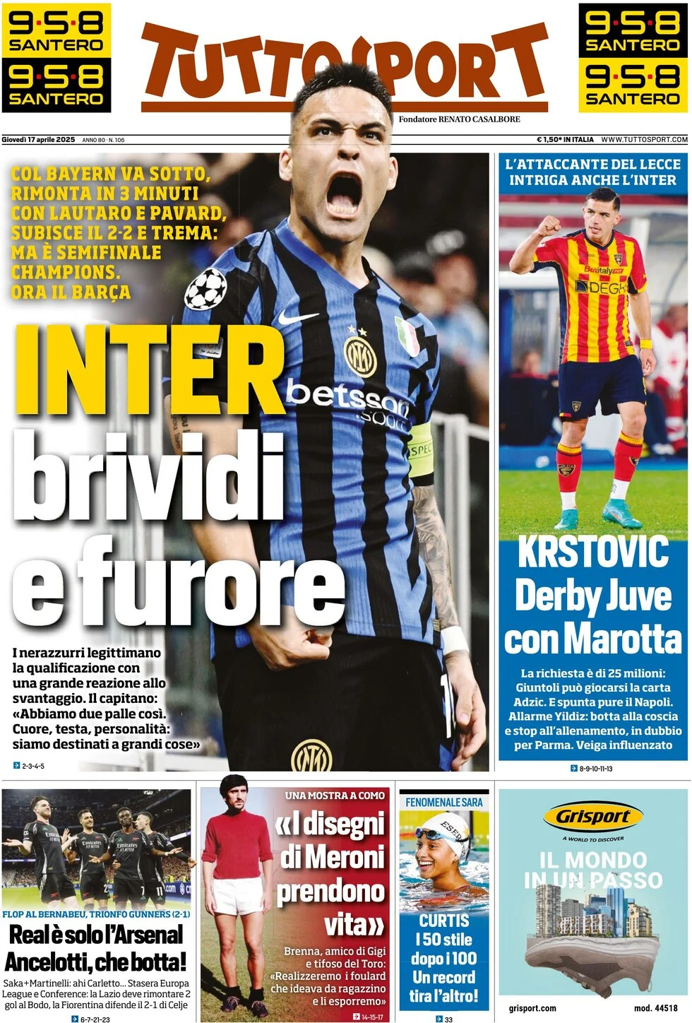 anteprima della prima pagina di tuttosport del 17/04/2025