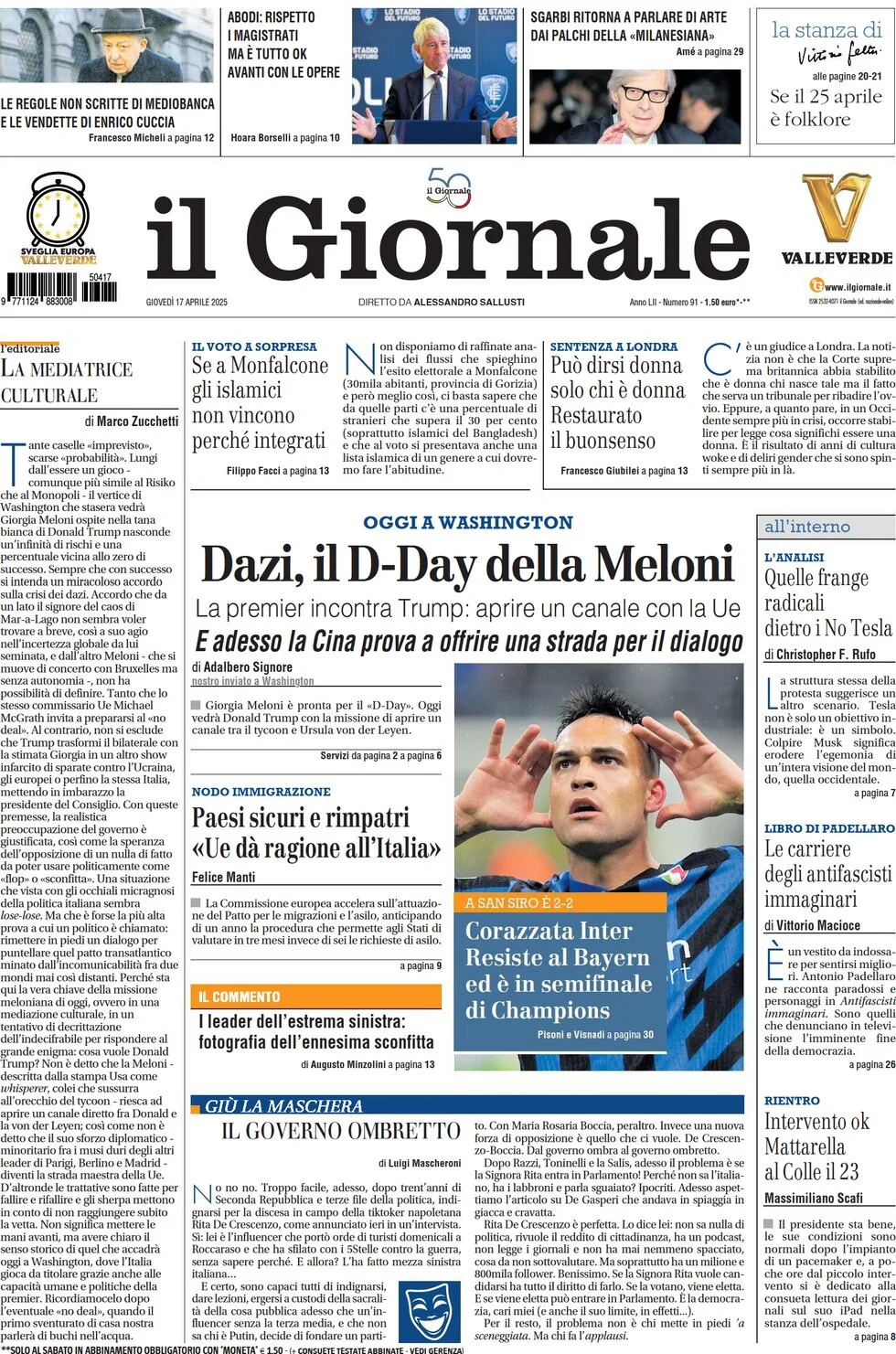 anteprima della prima pagina di il-giornale del 17/04/2025