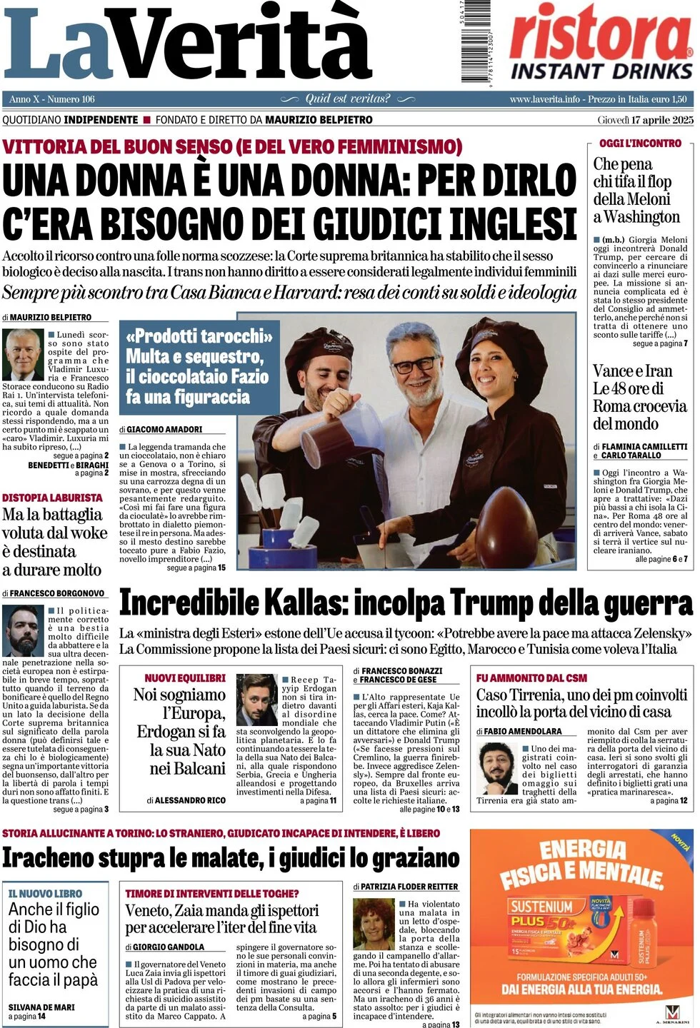 anteprima della prima pagina di la-verit del 17/04/2025