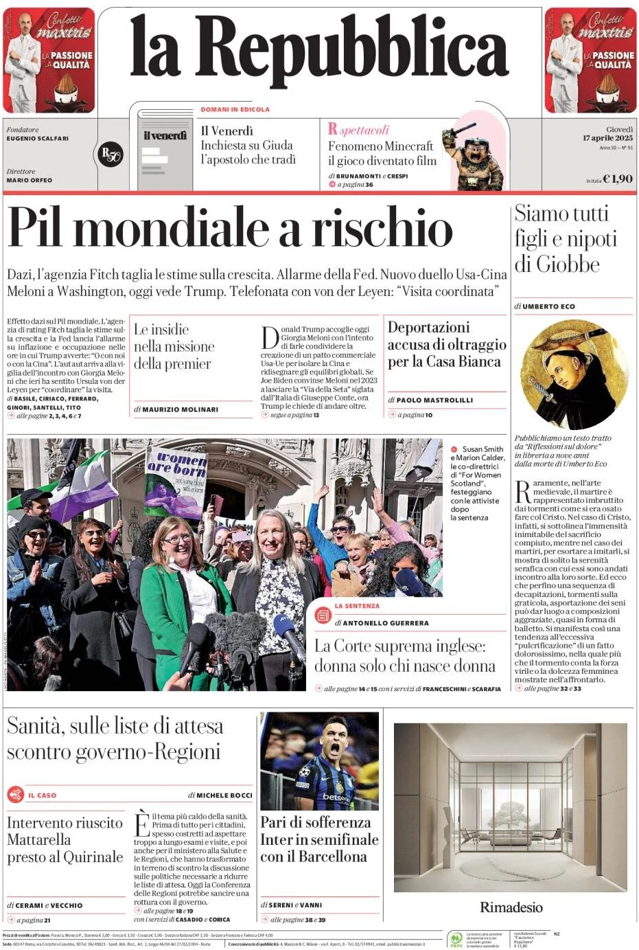 Anteprima prima pagina della rasegna stampa di ieri 2025-04-17 - la-repubblica/