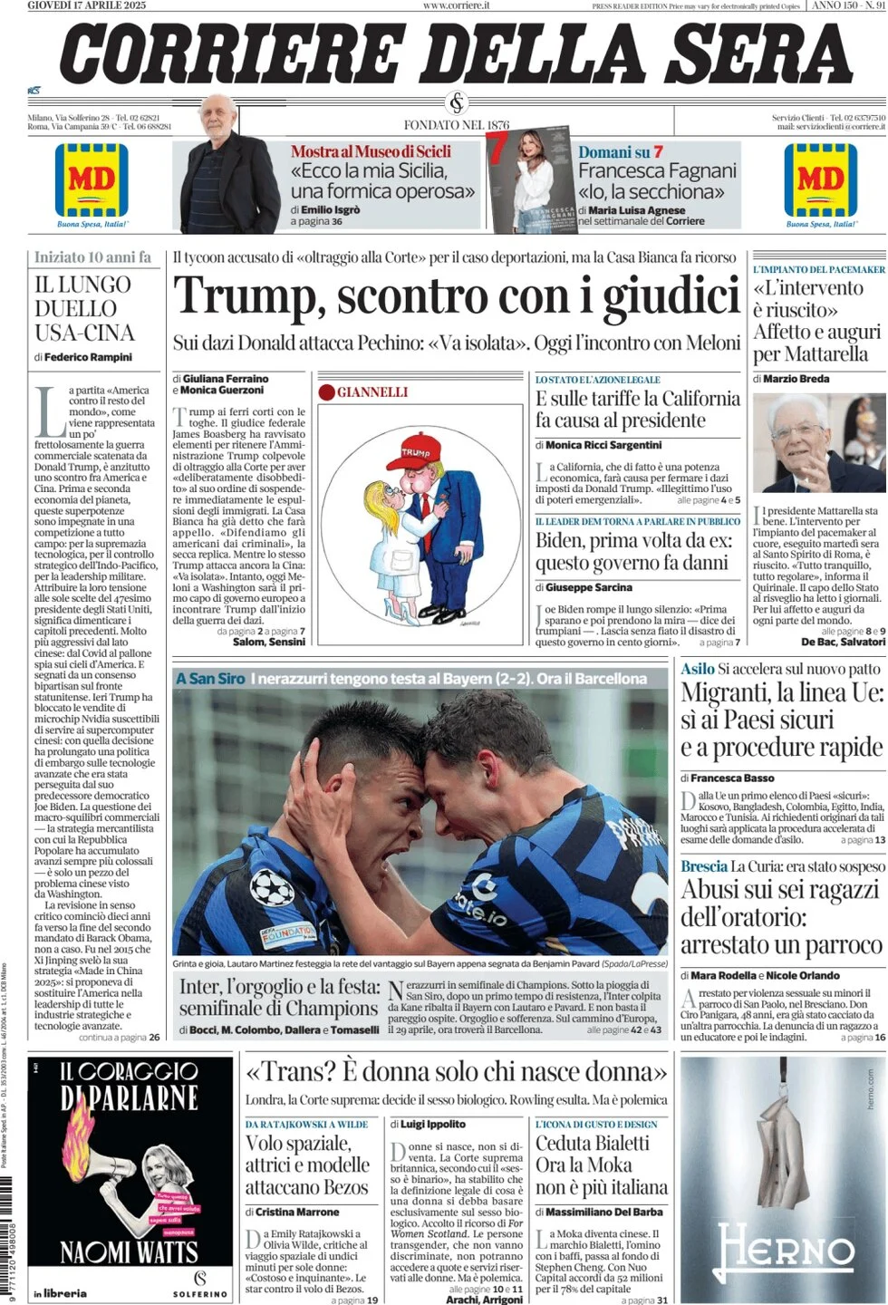 Anteprima prima pagina della rasegna stampa di ieri 2025-04-17 - corriere-della-sera/