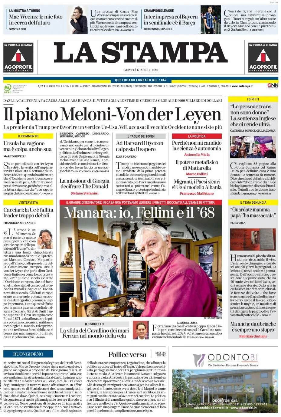 anteprima della prima pagina di la-stampa del 17/04/2025
