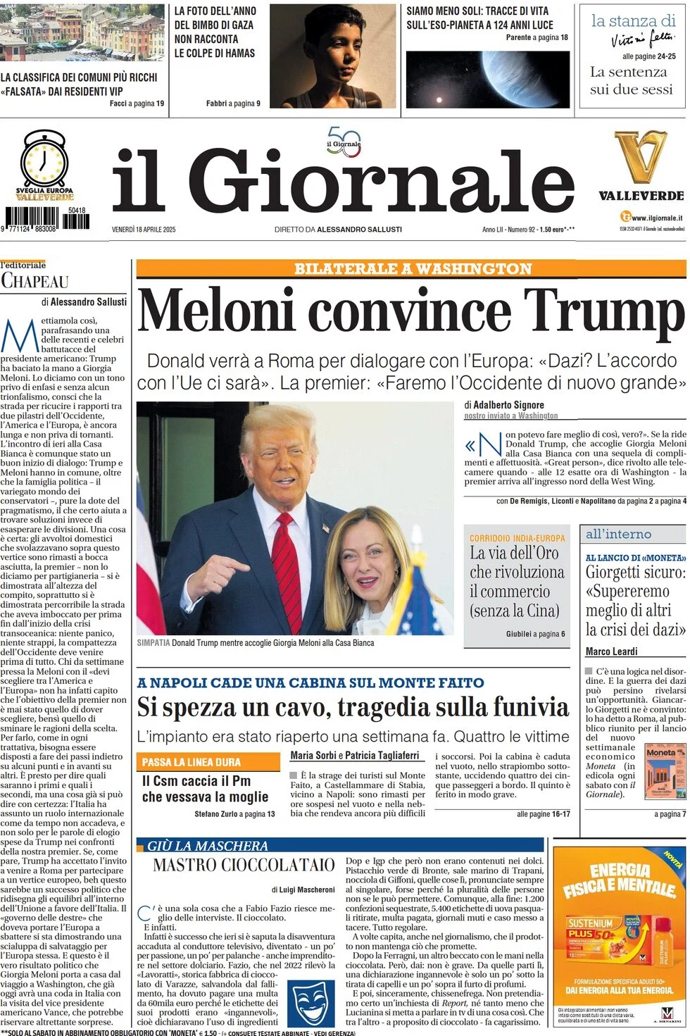 anteprima della prima pagina di il-giornale del 18/04/2025