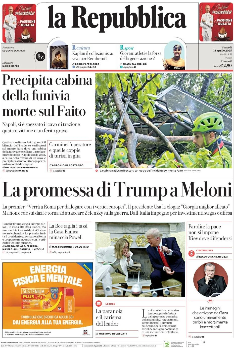 prima pagina - La Repubblica del 18/04/2025