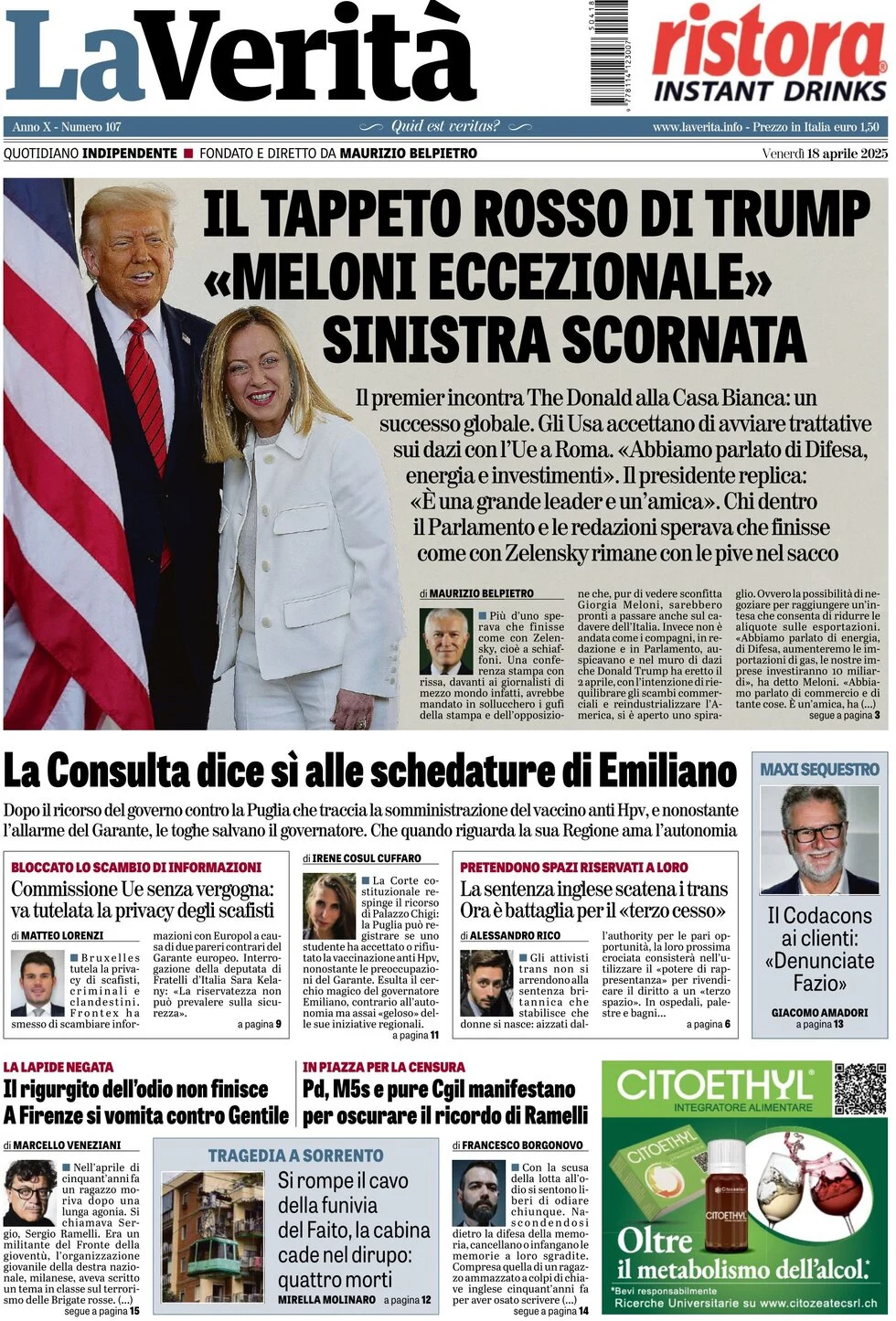 anteprima della prima pagina di La Verità