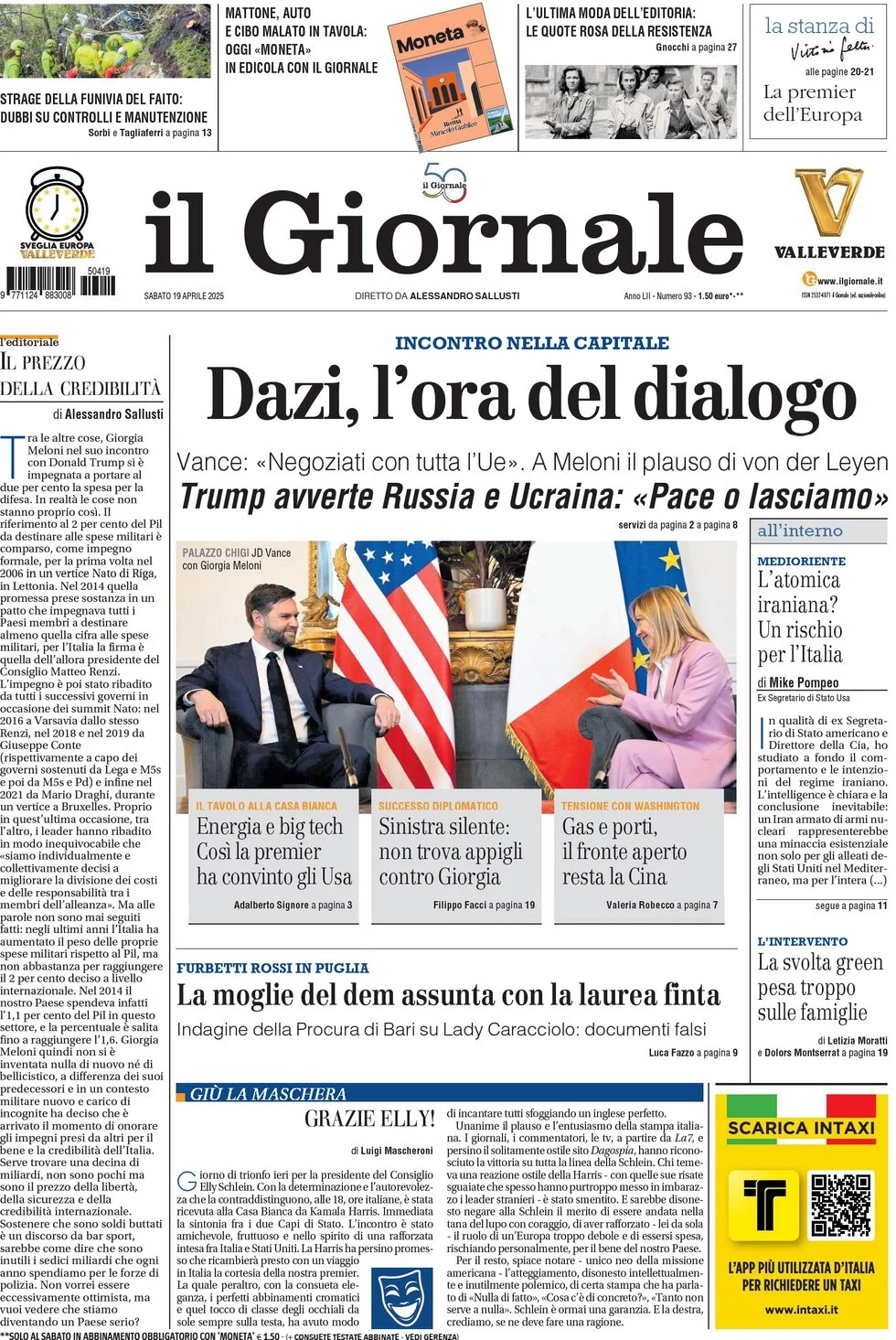 anteprima della prima pagina di il-giornale del 19/04/2025