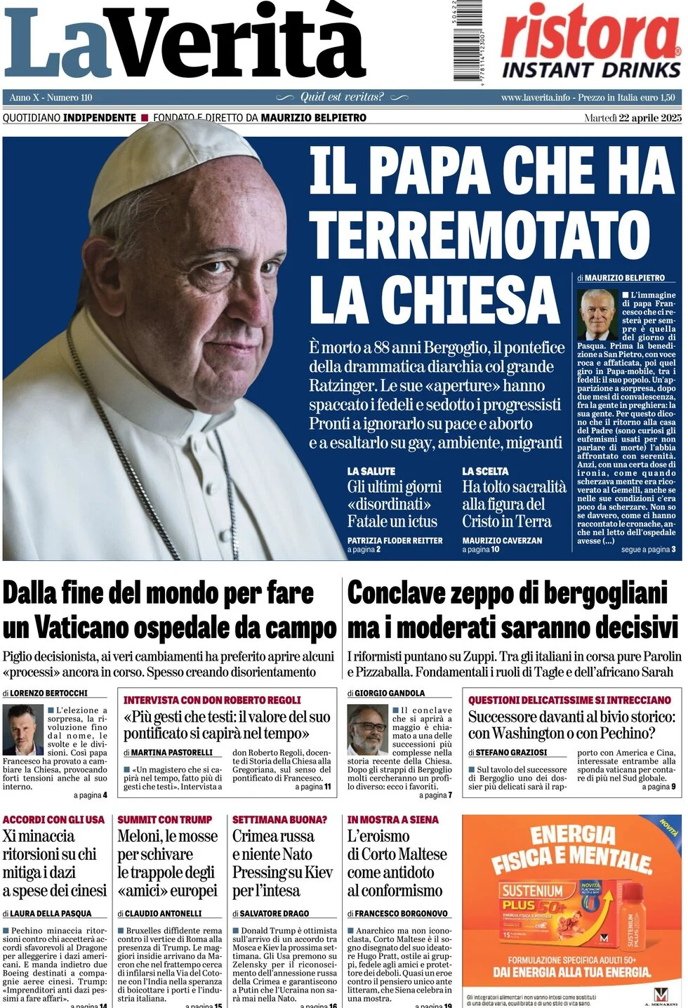 anteprima della prima pagina di la-verit del 22/04/2025
