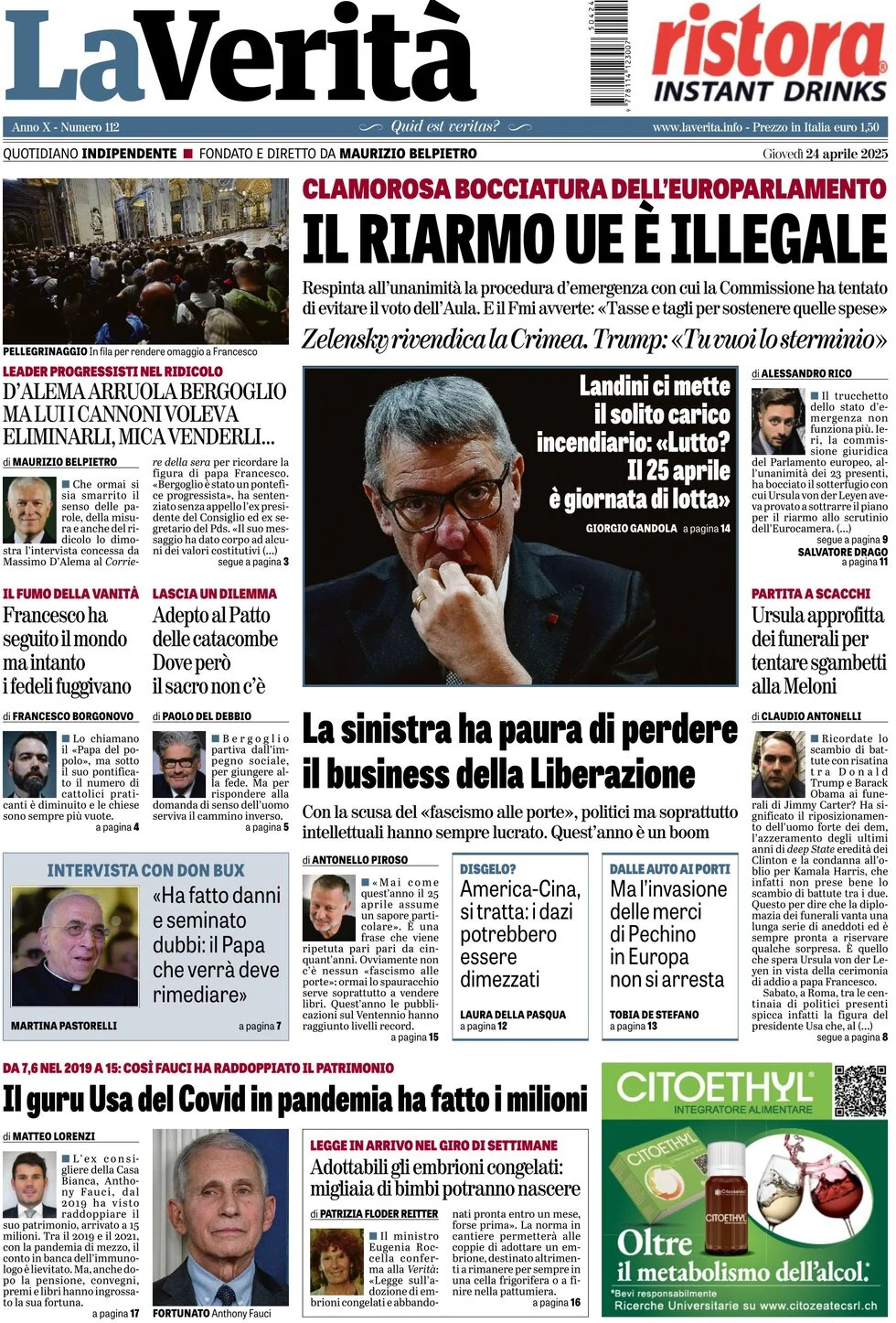 anteprima della prima pagina di la-verit del 24/04/2025