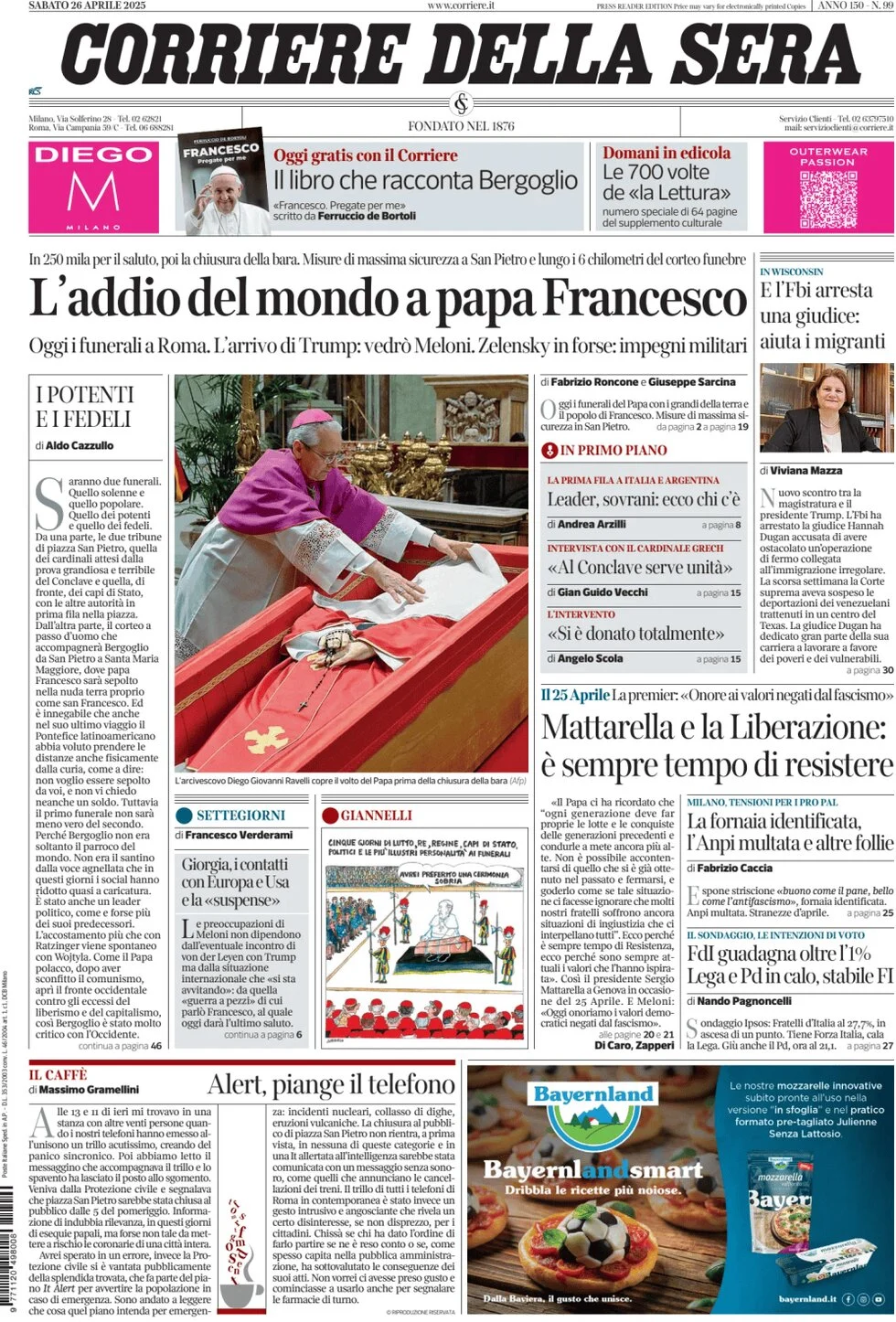 anteprima della prima pagina di corriere-della-sera del 26/04/2025