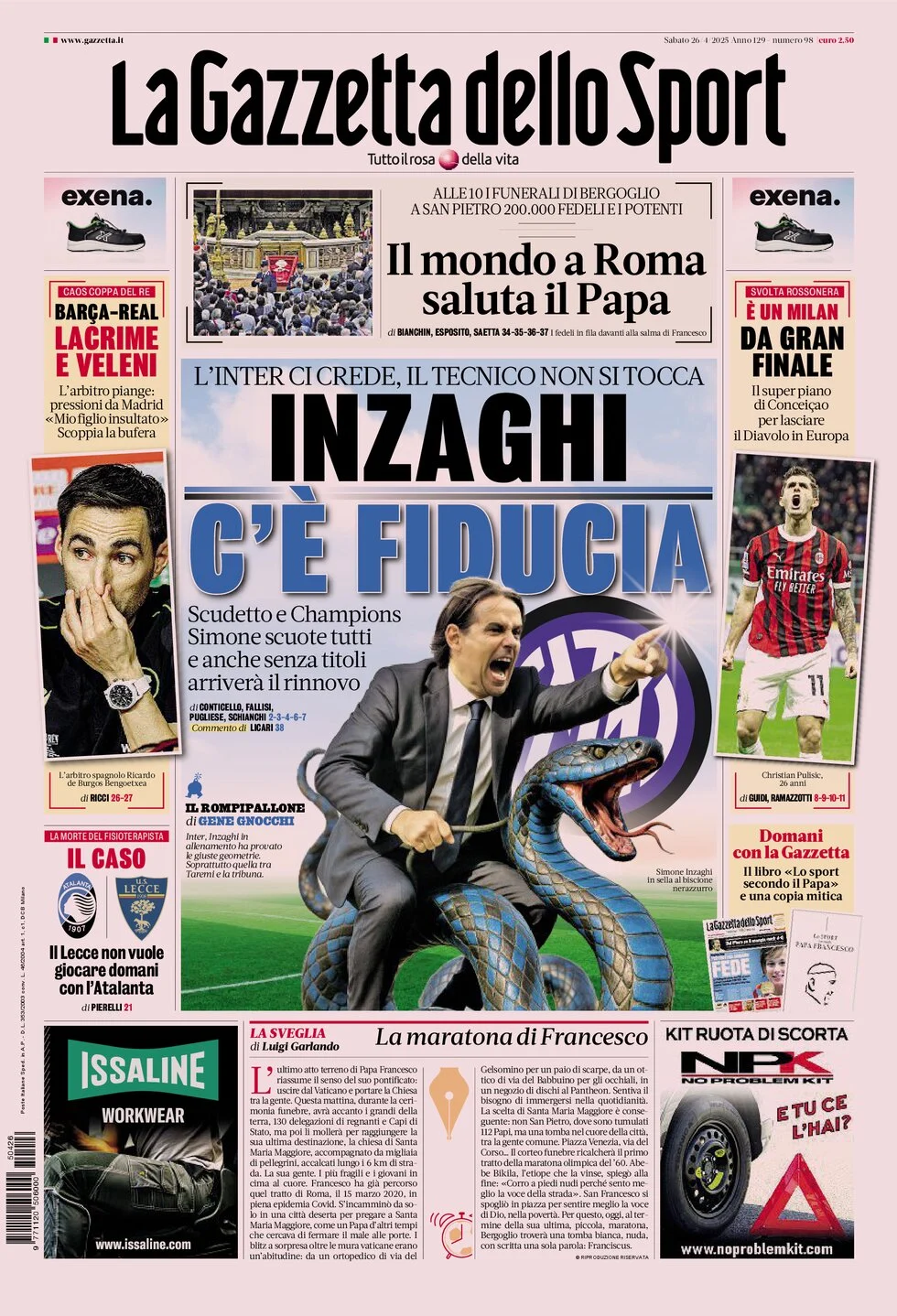 anteprima della prima pagina di la-gazzetta-dello-sport del 26/04/2025