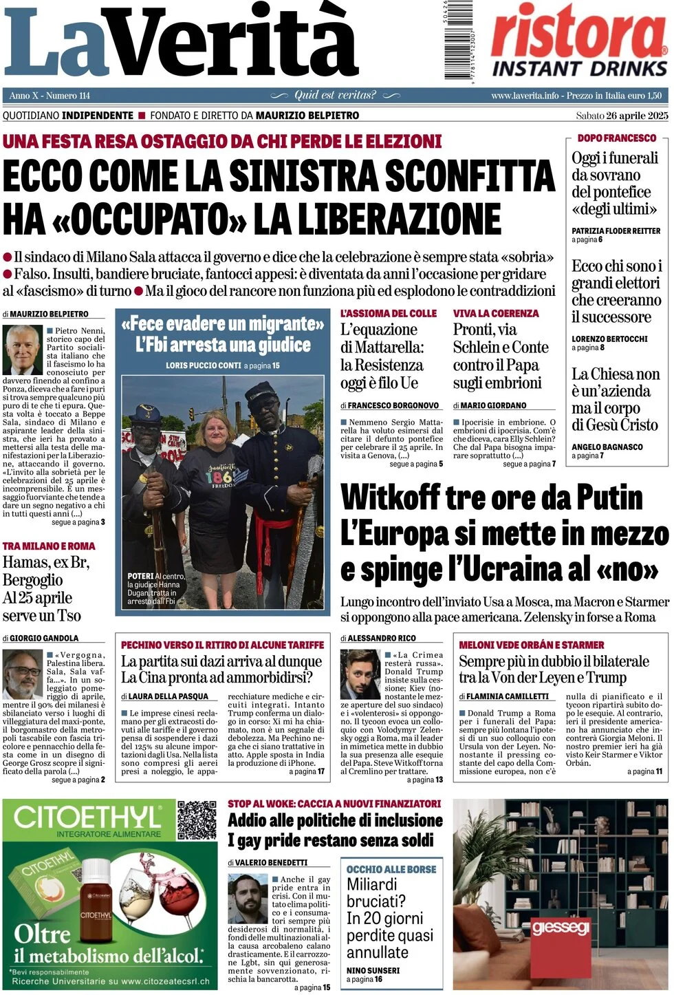 anteprima della prima pagina di la-verit del 26/04/2025
