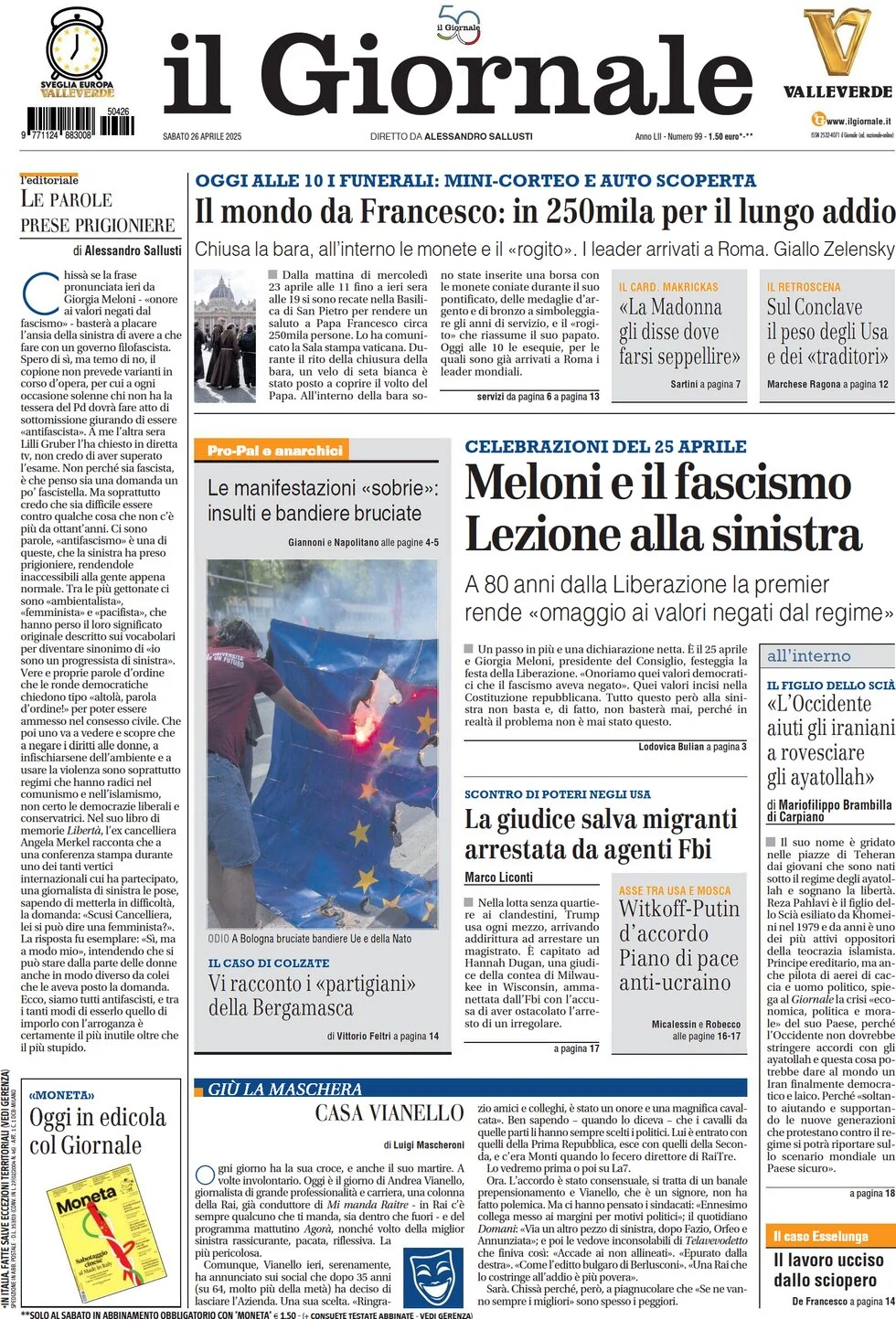 anteprima della prima pagina di il-giornale del 26/04/2025