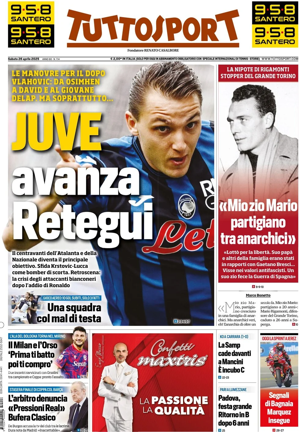 anteprima della prima pagina di tuttosport del 26/04/2025