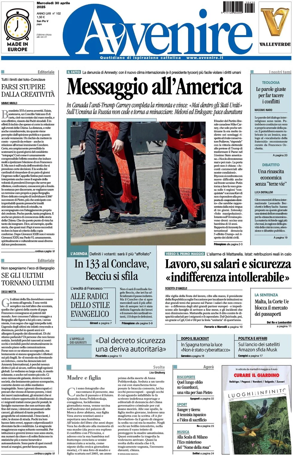 anteprima della prima pagina di Avvenire