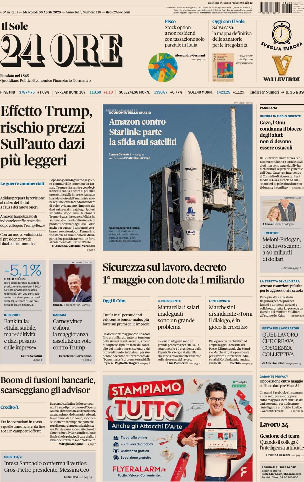 anteprima della prima pagina di Il Sole 24 Ore