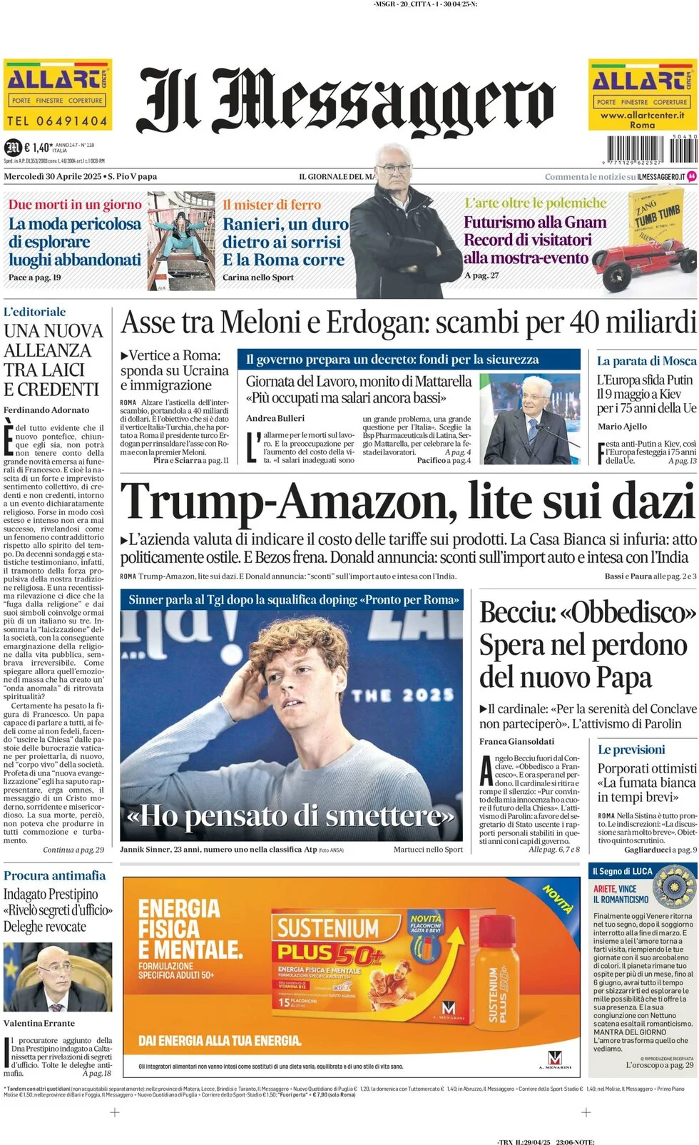 anteprima della prima pagina di Il Messaggero