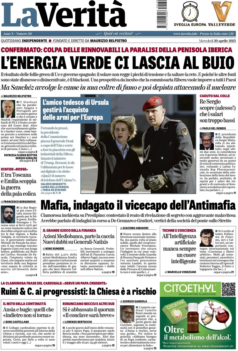 anteprima della prima pagina di La Verità