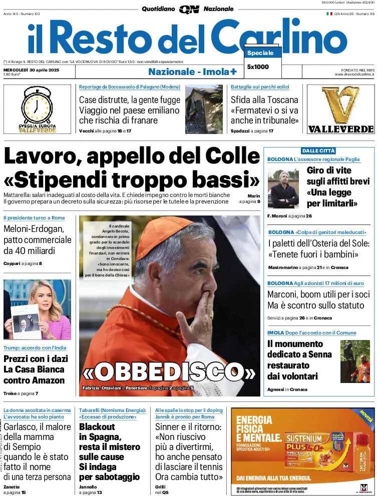 anteprima della prima pagina di Il Resto del Carlino