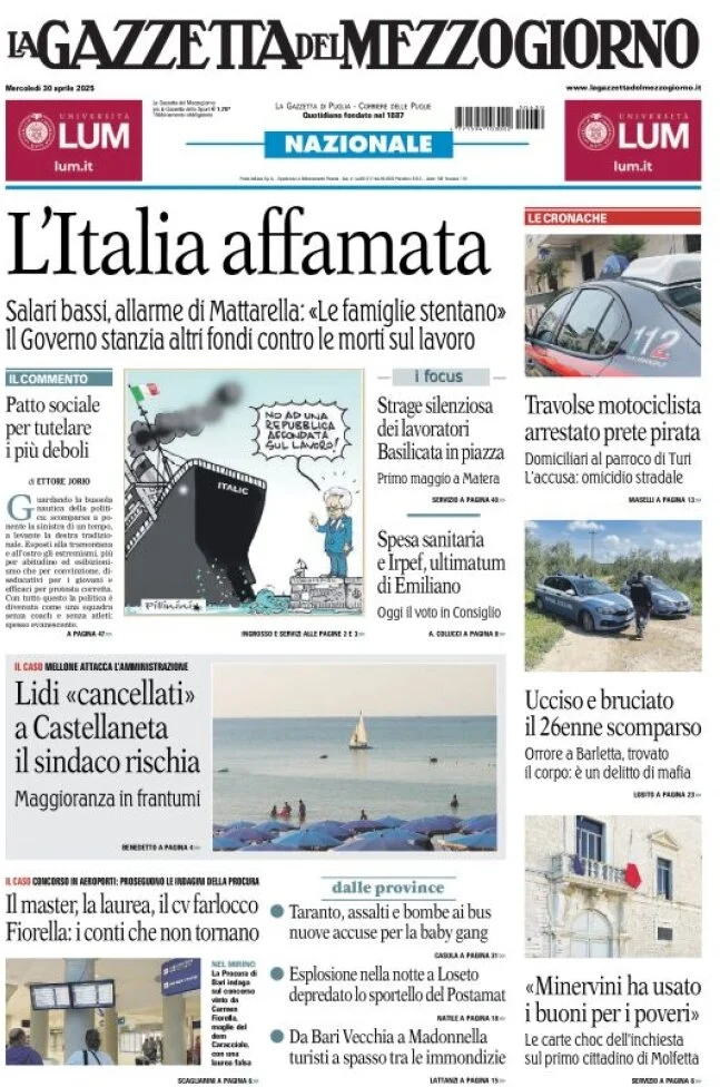 anteprima della prima pagina di La Gazzetta del Mezzogiorno (Bari)