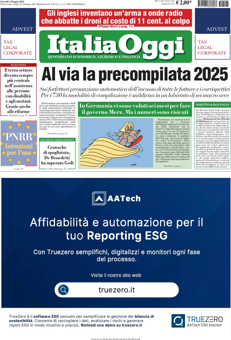 anteprima della prima pagina di ItaliaOggi