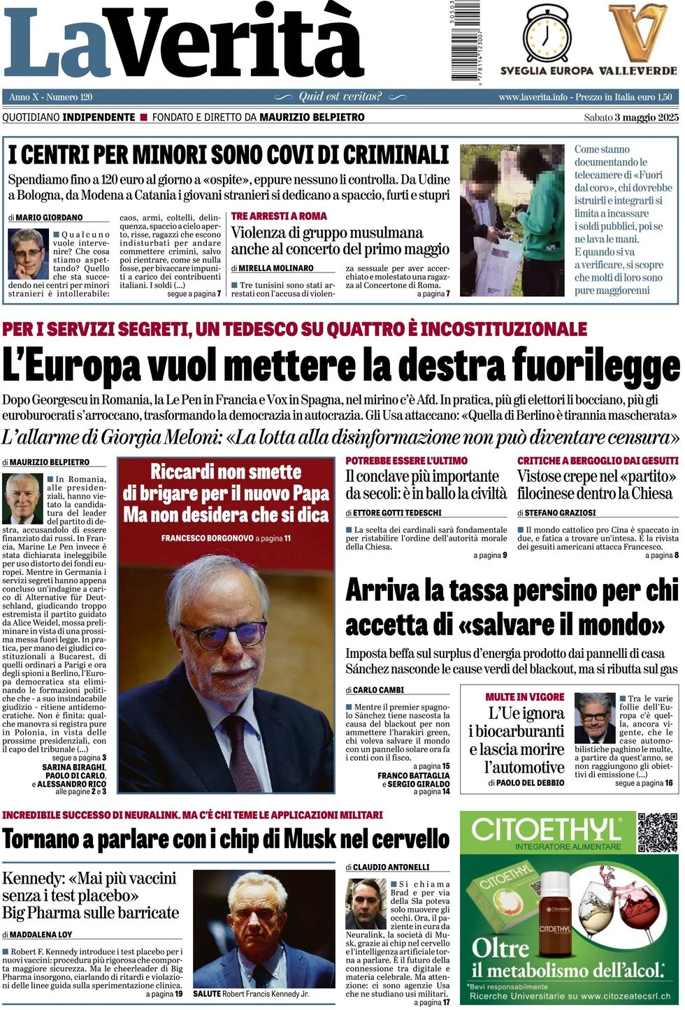 anteprima della prima pagina di la-verit del 03/05/2025